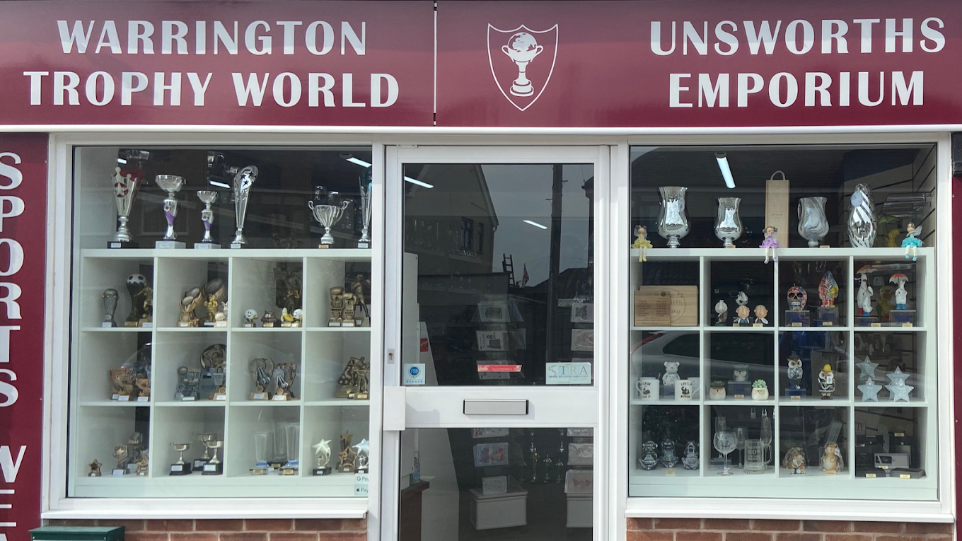 Jobs 1 Trophy showroom in Warrington displaying engraved awards and medals