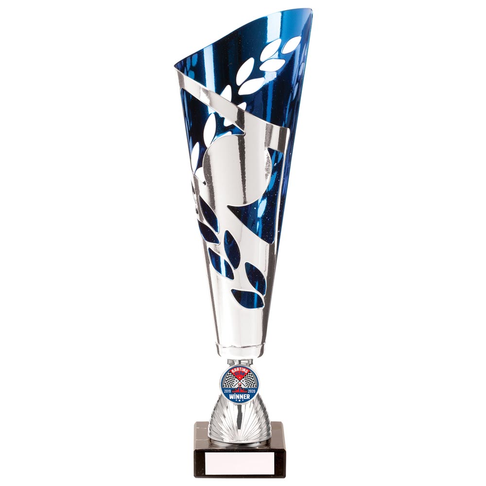 Zeus Laser Cut Metal Trophy Cup Silver and Blue 1 Zeus Laser Cut Metal Trophy Cup Silver and Blue
